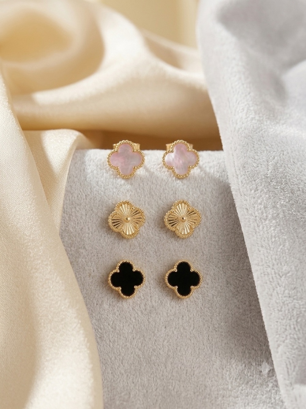 14k Gold plated Clover Stud Earrings Trio Set - Pink, Gold, Black